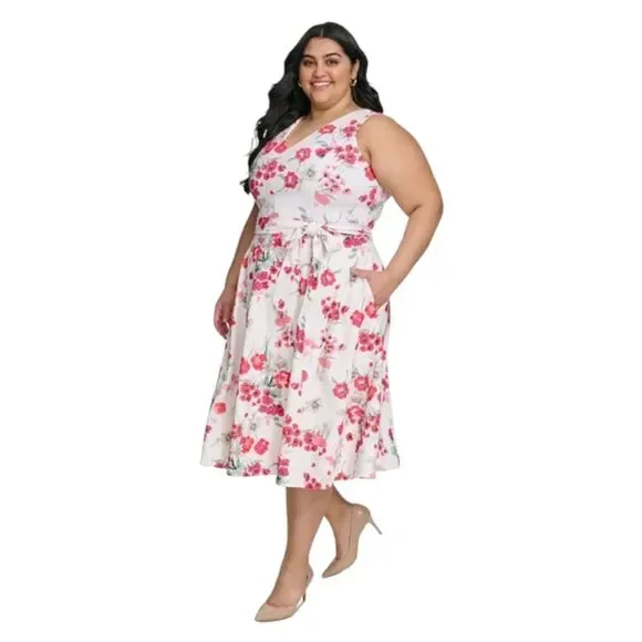 Calvin Klein | Dresses | Calvinklein Plus Size Sleeveless Vneck Tie Waist  Floral Fit And Flare Dress | Poshmark